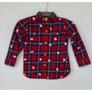 Mini Boden Kids Red Plaid Polar Bear Long Sleeve Button Up Shirt Boys 
5-6 Years
